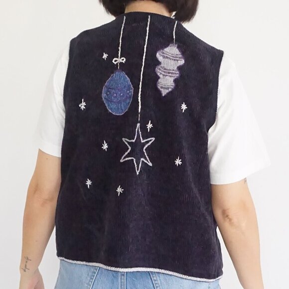 Vintage Christopher & Banks Navy Embroidered Christmas Ornaments Zip Vest S - Picture 3 of 9